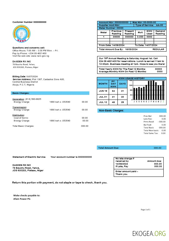 Modèle de facture de services publics d'électricité de la Commission nigériane de réglementation de l'électricité aux formats Word et PDF